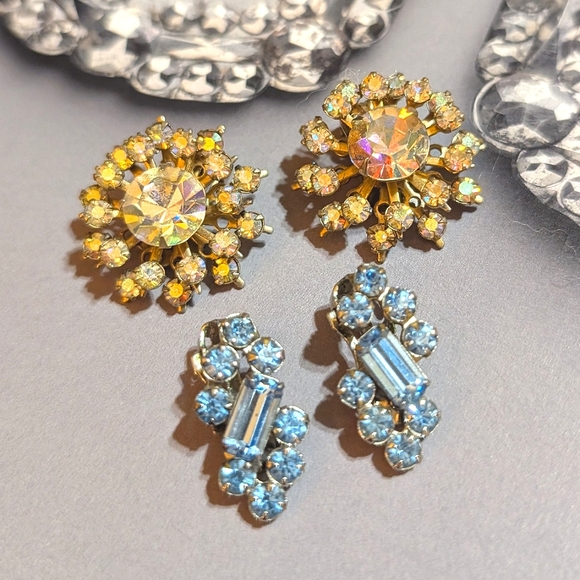 1950s TWO pair Sparkling Rhinestone Clip Earrings - Picture 2 of 7